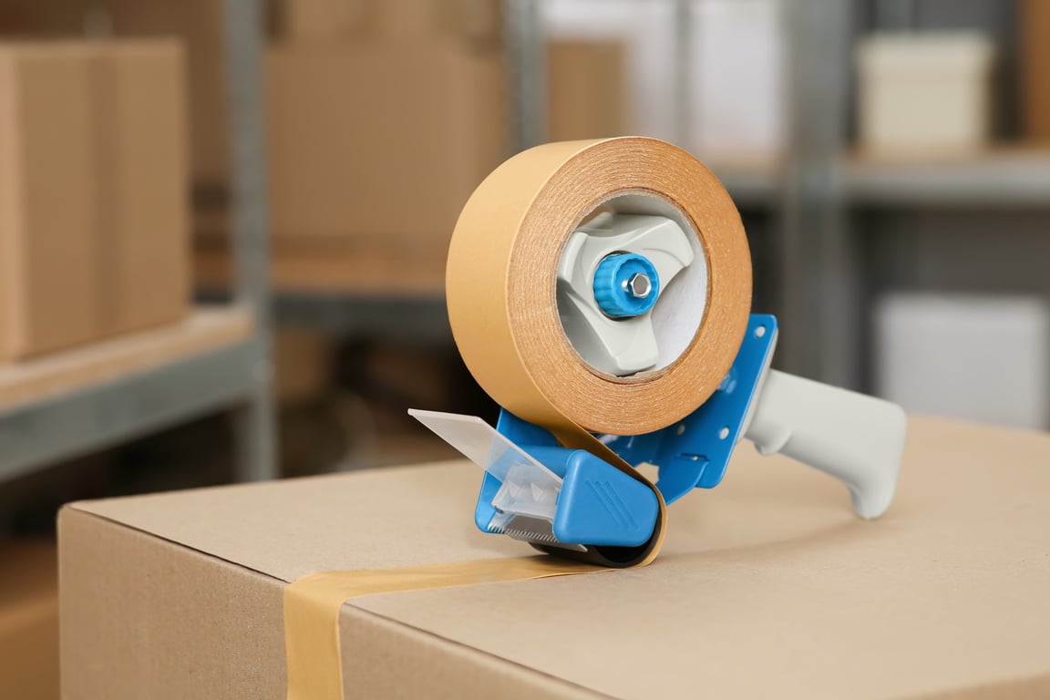 Taping Cardboard Box with Adhesive Tape Dispenser Indoors